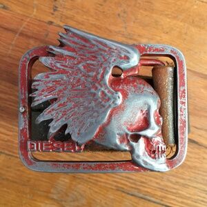 Diesel- Metal Skull w/ Wings Buckle & Silver Leather Belt